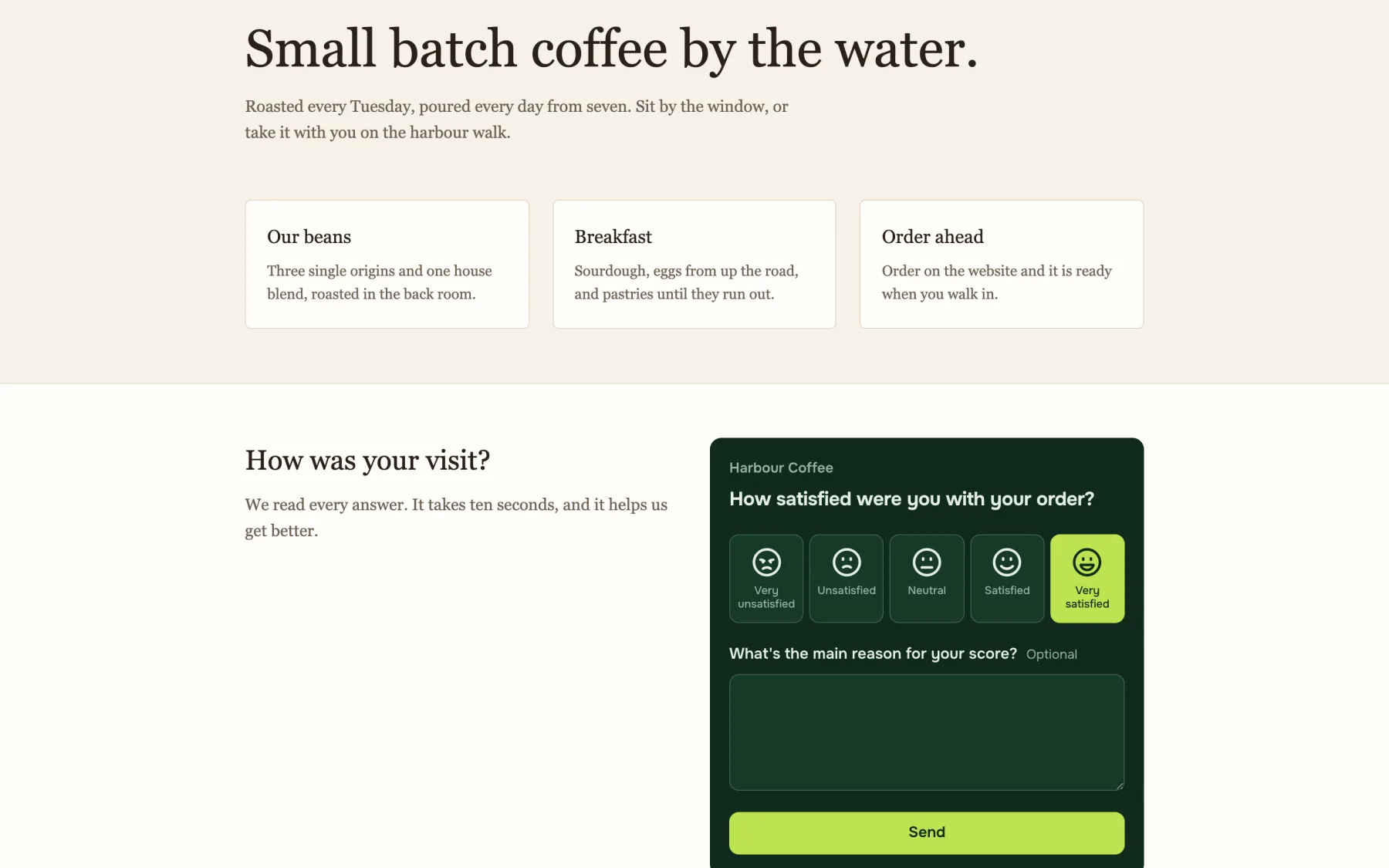 A café's website with the survey in the page: How satisfied were you with your order, five faces with Very satisfied chosen, and a box for the main reason.