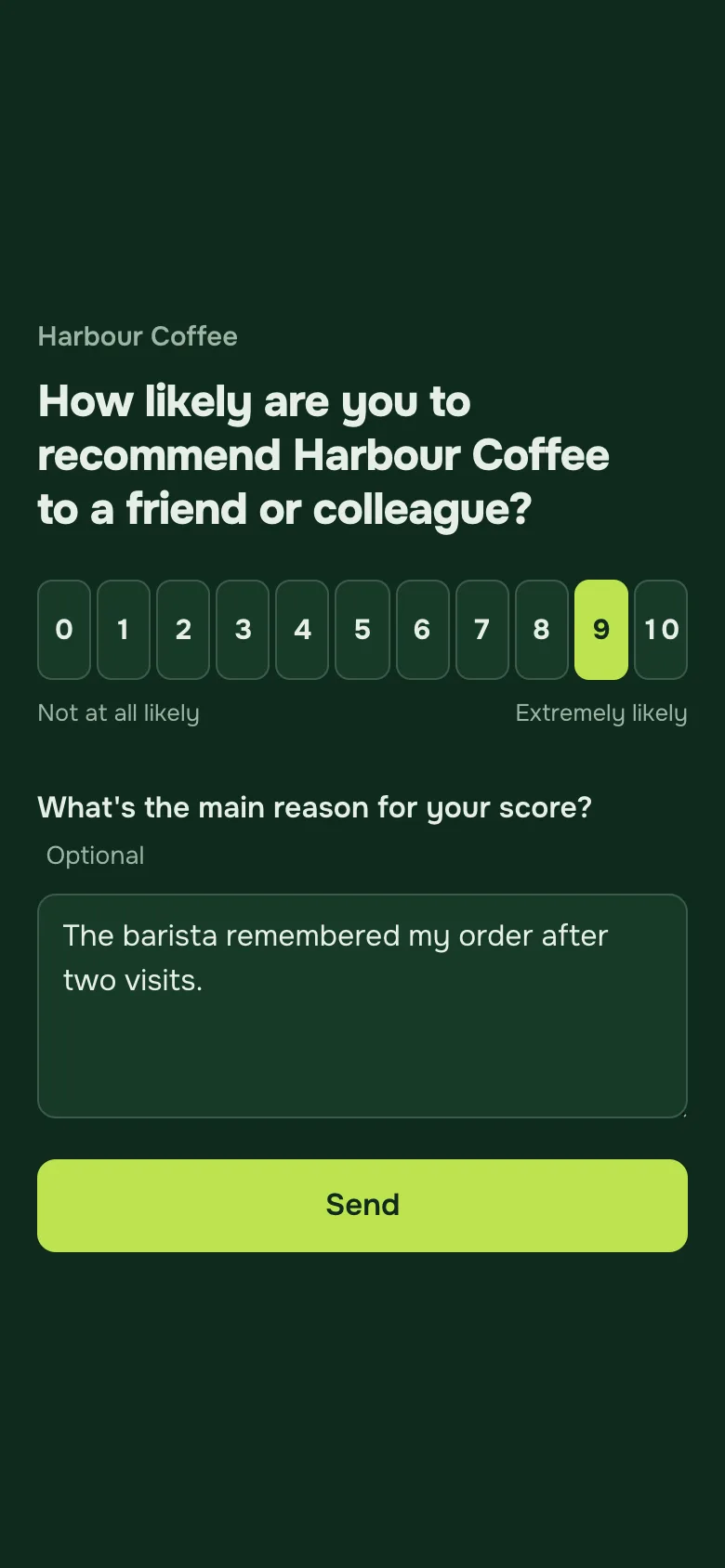 The same survey on a phone: How likely are you to recommend Harbour Coffee to a friend or colleague, 0 to 10 with 9 chosen, and a reason typed in.
