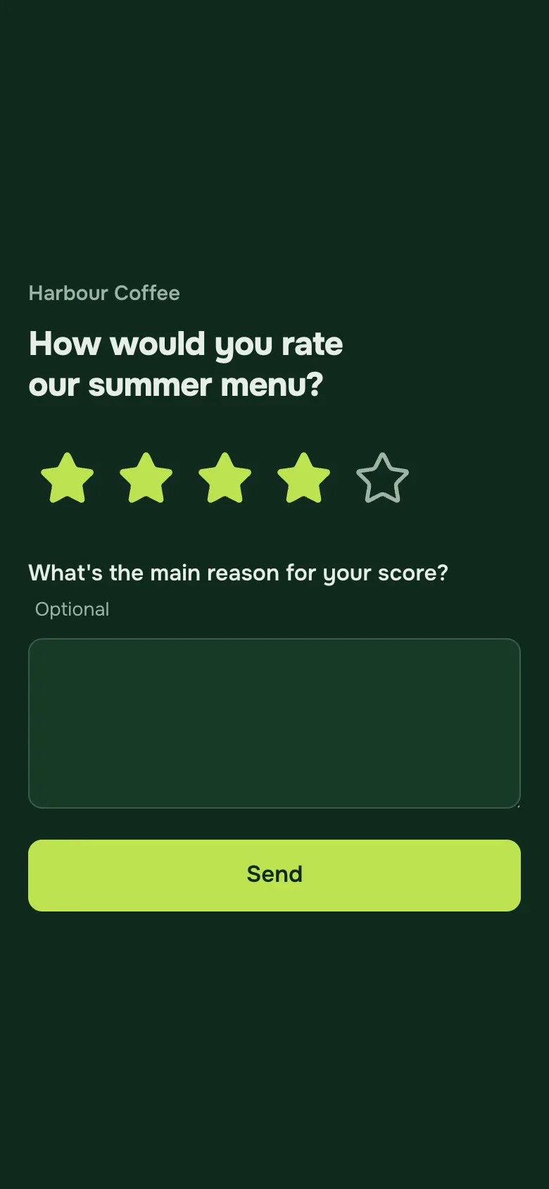 A star rating on a phone: How would you rate our summer menu, with four of five stars filled.